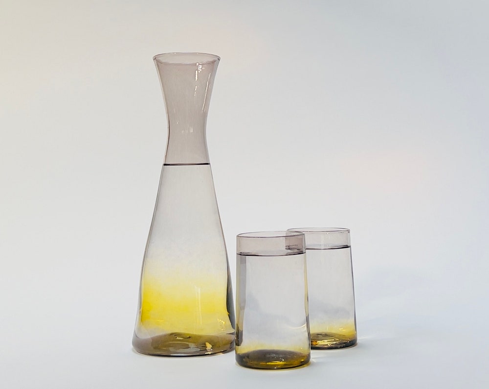 3 pc. Carafe Set, Hand-Blown Glass, Gold and Grey